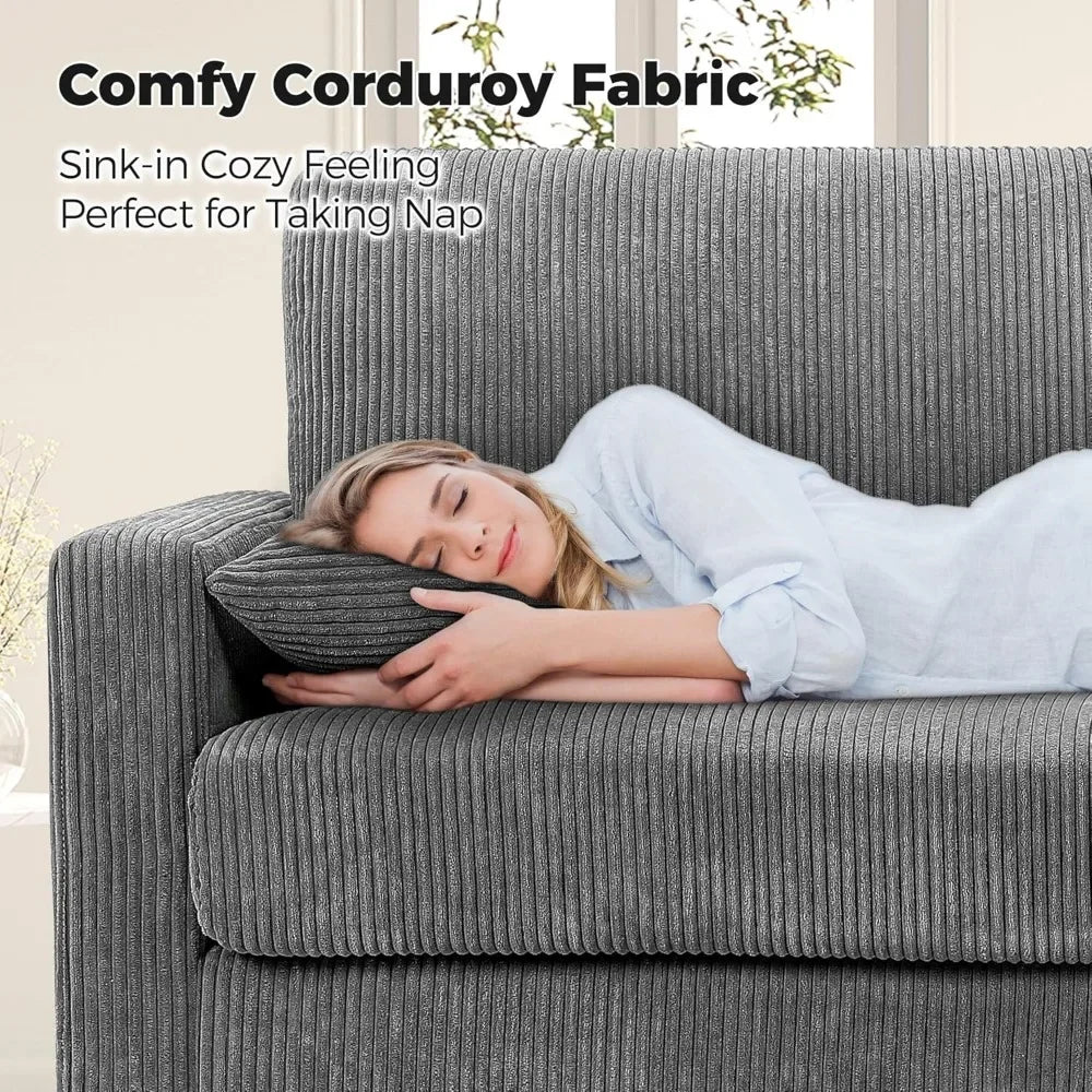 Grey Sofa, Extra Deep Corduroy Couch – 21” Seat Depth, Tool-Free Assembly