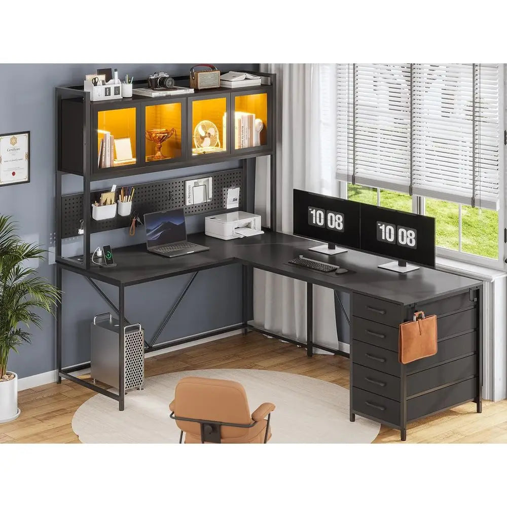 L-Shaped Gaming Desk with Hutch, Storage Shelves, Pegboard & LED Lights