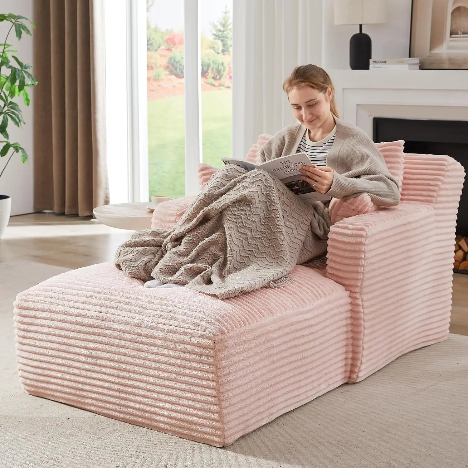 Oversized Corduroy Chaise Lounge Chair with Sofa Bed & Throw Pillows