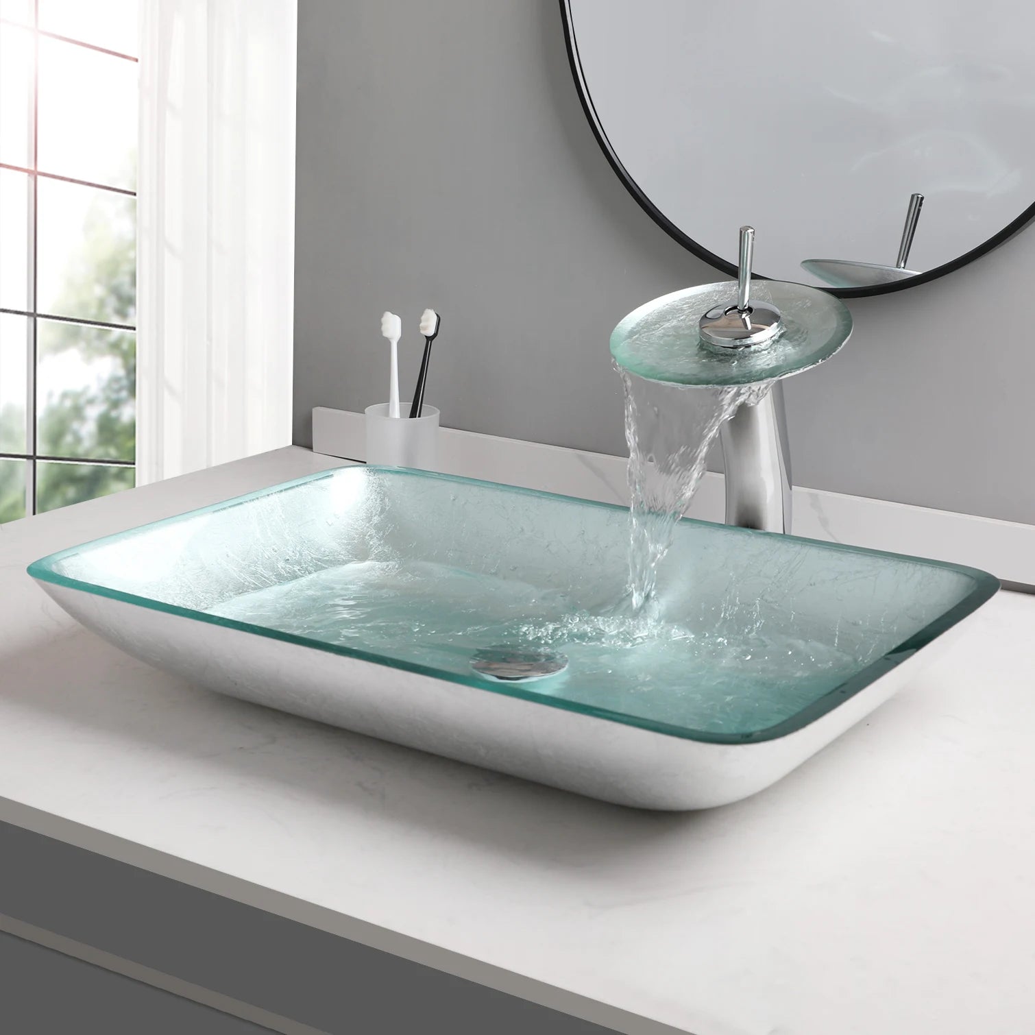 Big Countertop Tempered Glass Sink Faucet Set