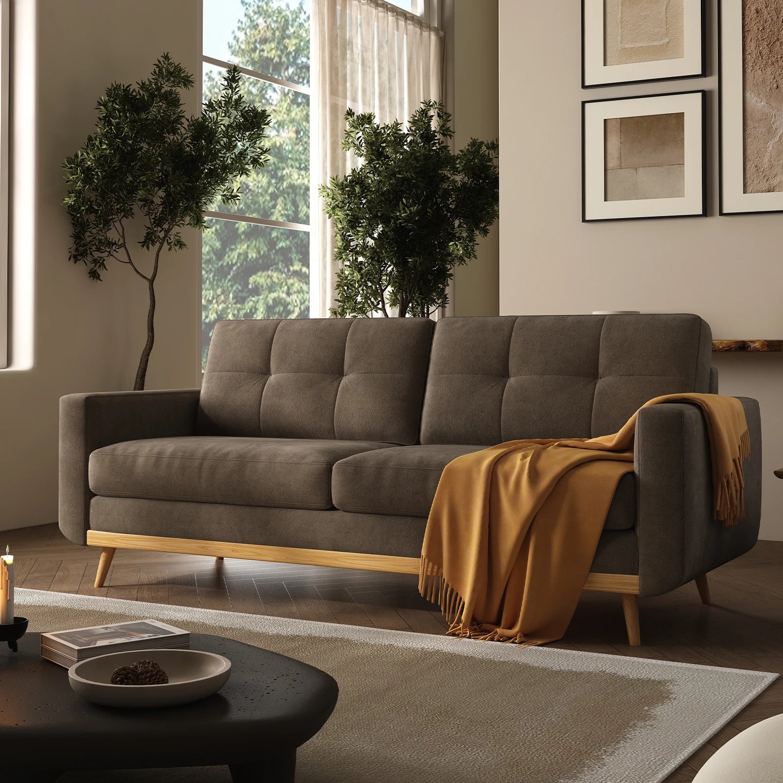 Mid-Century Modern Loveseat Sofa with Wooden Legs