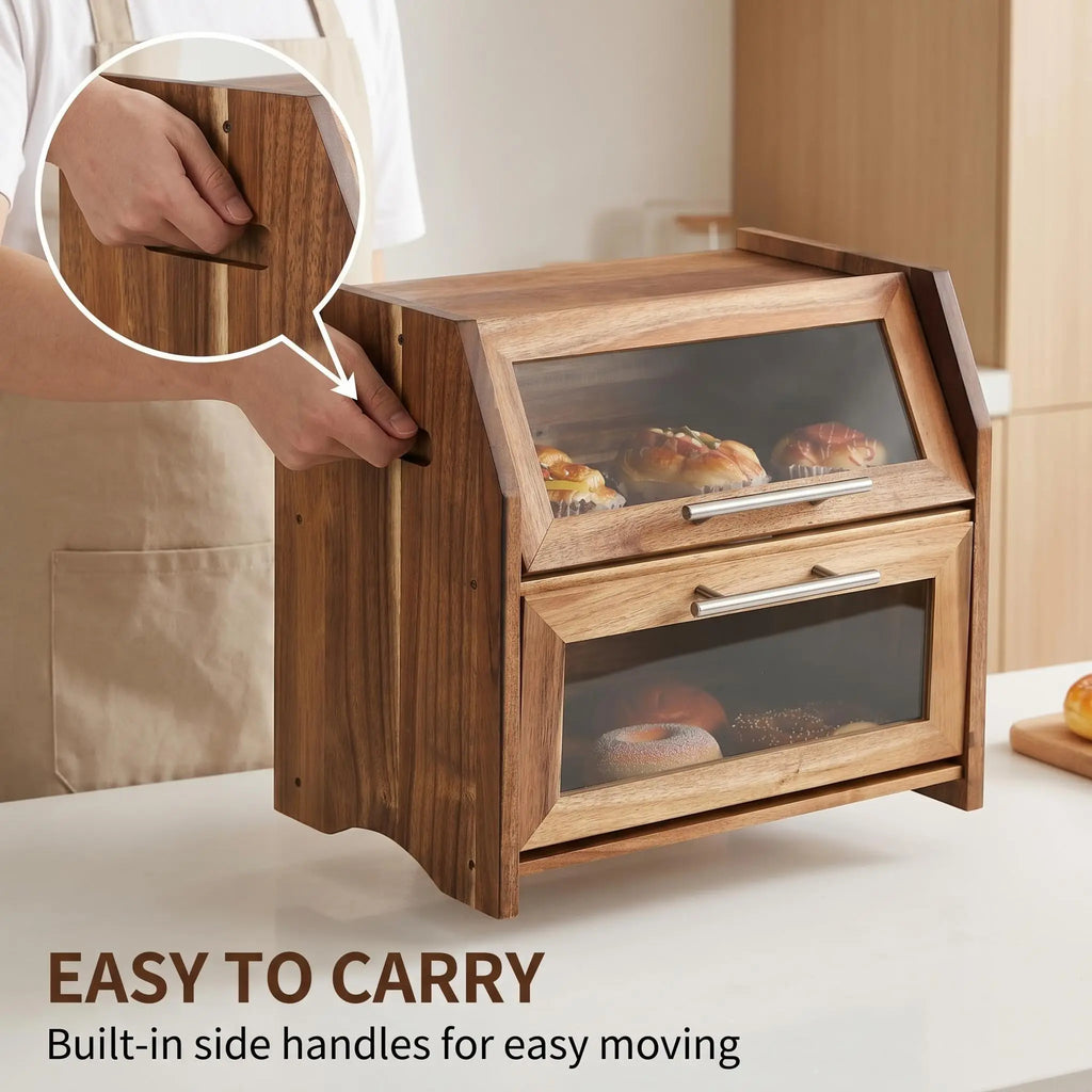 Acacia Wood Double-Layer Bread Box with Clear Acrylic Doors