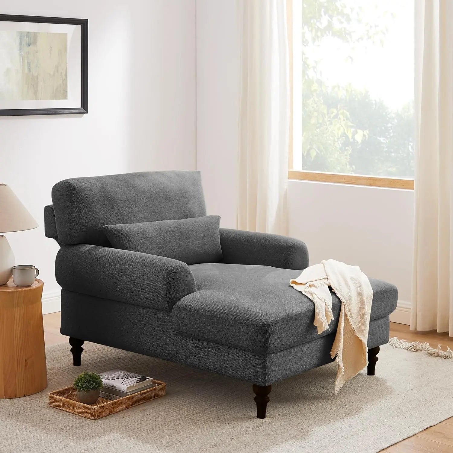 Modern Chaise Lounge Chair with Adjustable Backrest, Upholstered