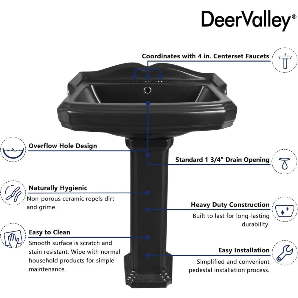 23" x 19" Black Ceramic Pedestal Sink Combo with Overflow Hole & 3 Faucet Holes