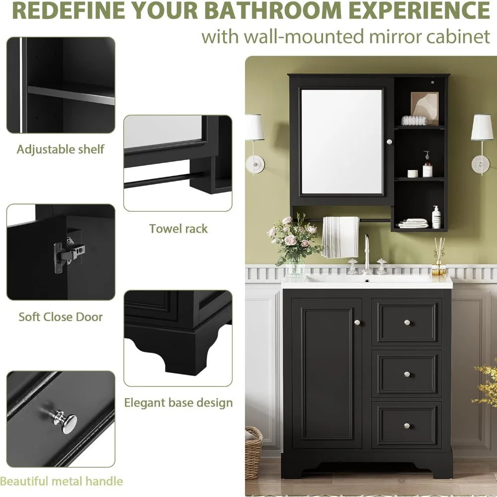 30-inch Elegant Bathroom Vanity with Sink, Storage Cabinet, 3 Drawers, Adjustable Shelves