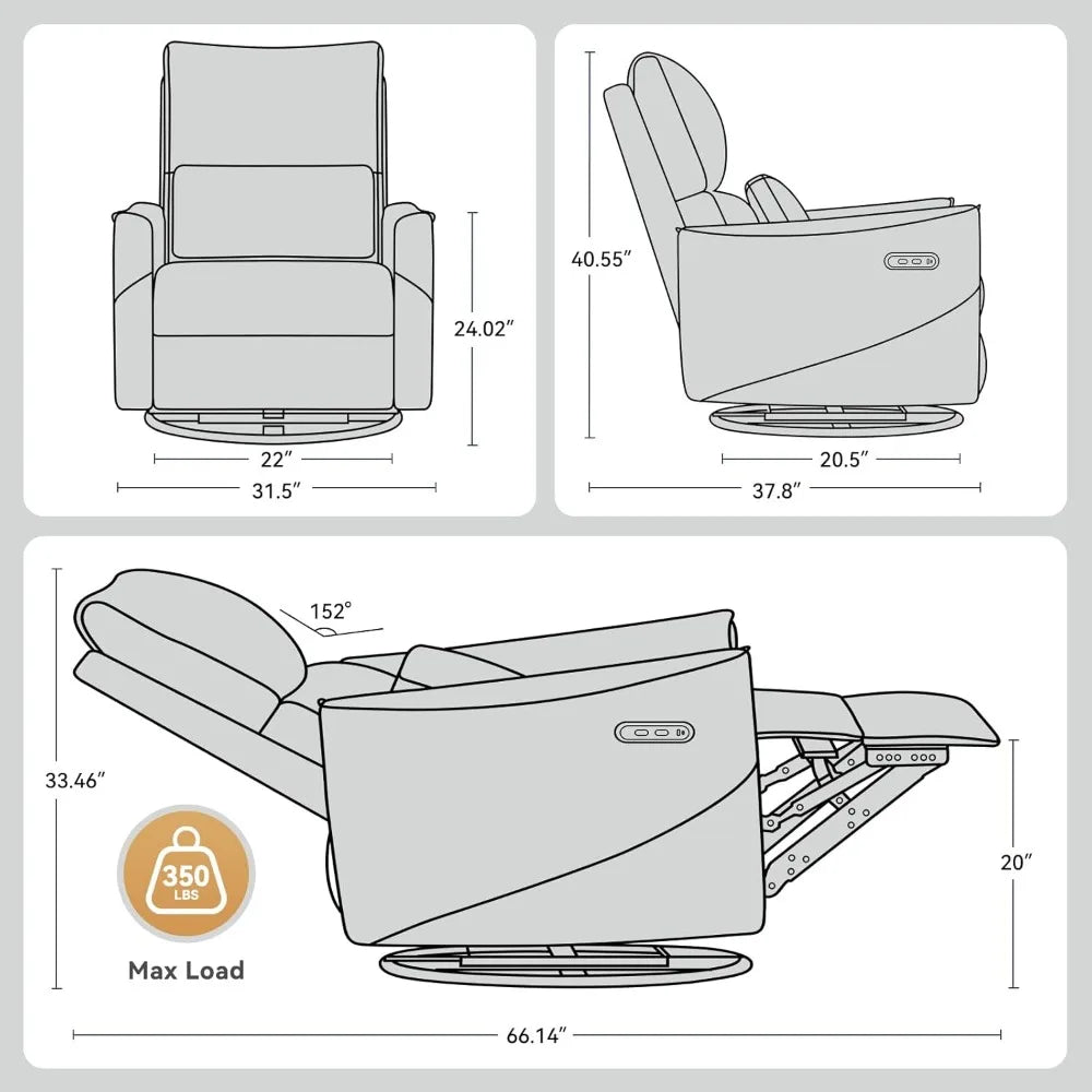 Power Swivel Rocker Recliner Chair with Lumbar Support & USB