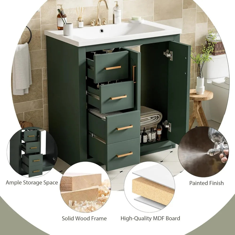 30" Bathroom Vanity with Ceramic Sink, Storage Cabinet, 4 Drawers, 2 Doors