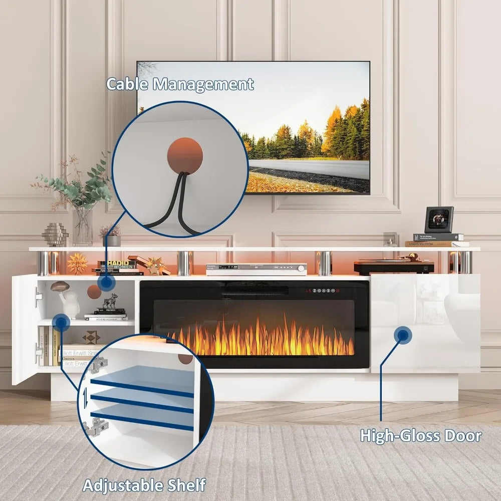 TV Stand with 36" Electric Fireplace, 70" LED Light Entertainment Center, Storage