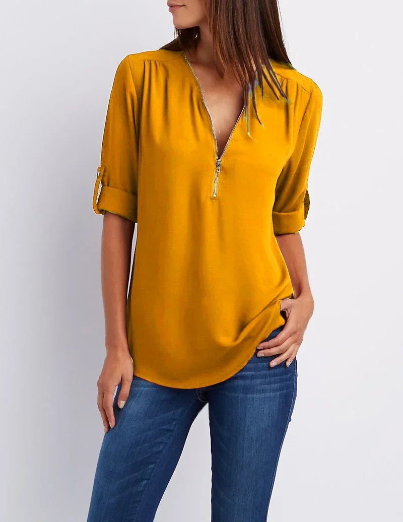 Women’s Loose Casual Deep V-Neck Chiffon Blouse – Zipper Pullover