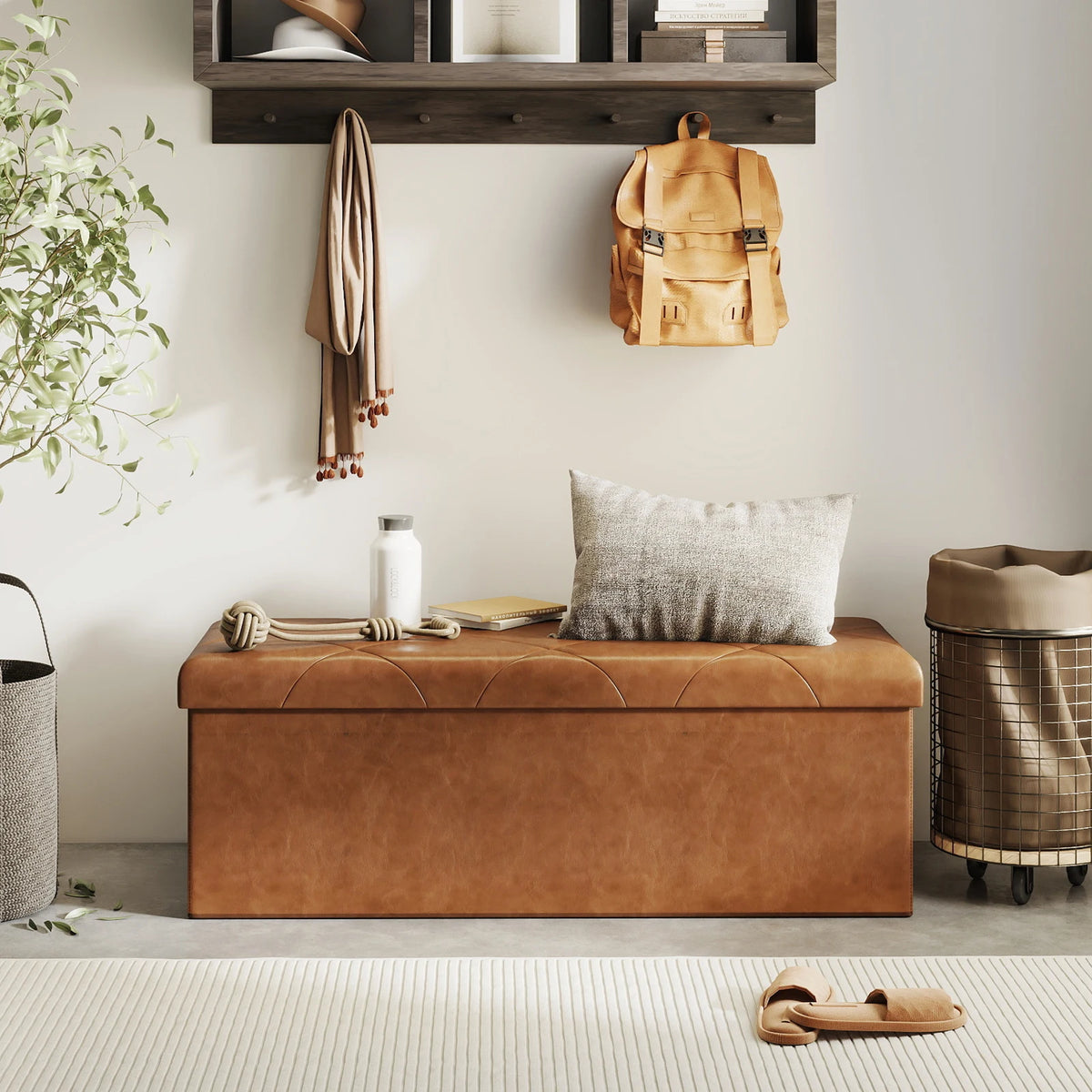 Tufted Faux Leather Storage Bench & Folding Ottoman