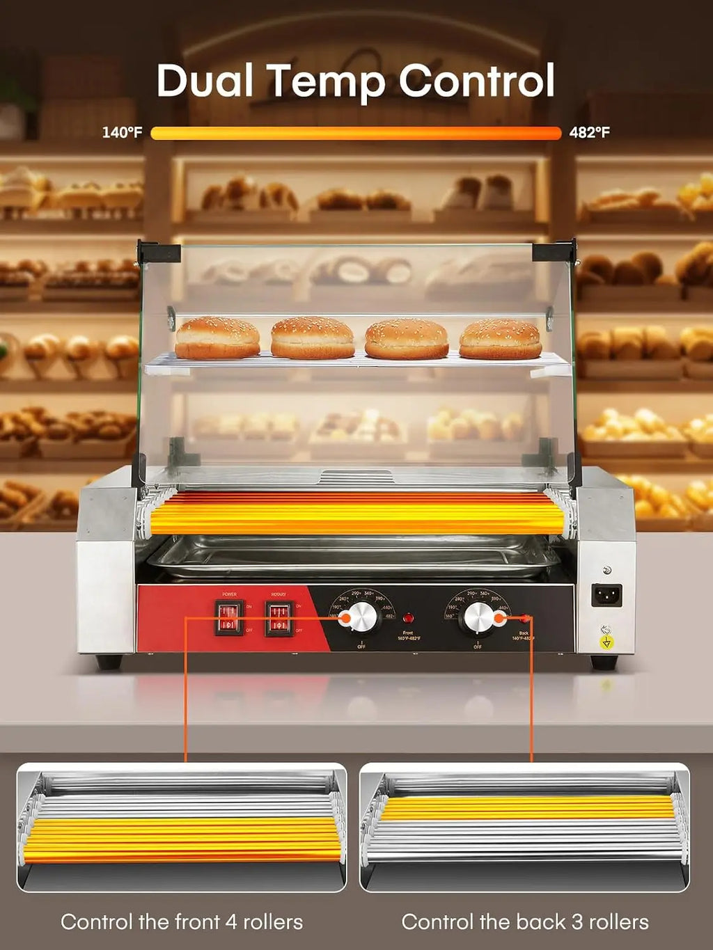 7 Roller Hot Dog Machine with Bun Warmer