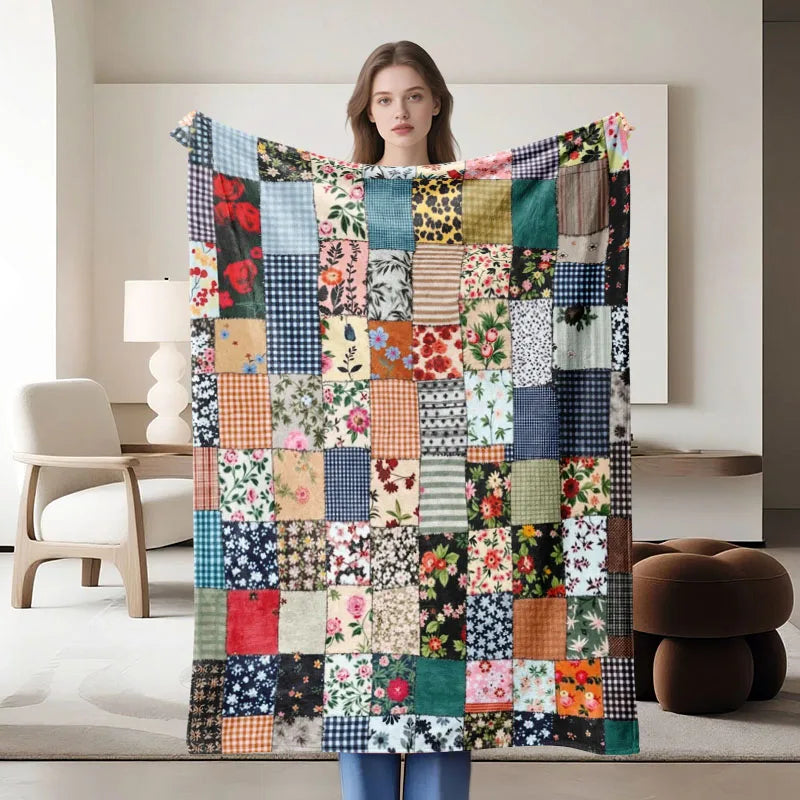 Cozy Floral Patchwork Flannel Blanket – Soft, Stylish, and All-Season Comfort