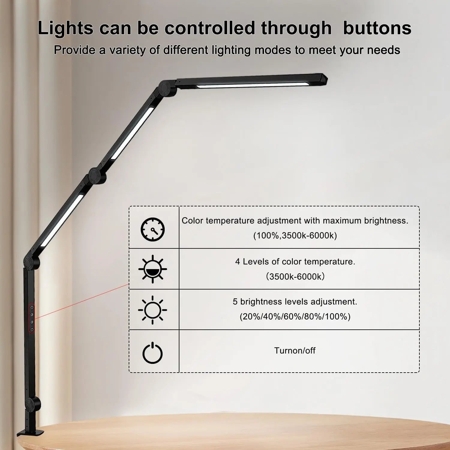 LED Flexible Desk Lamp with Swing Arm – 4 Sections, 3 Light Sources, 4 Color Modes & 5 Brightness Levels