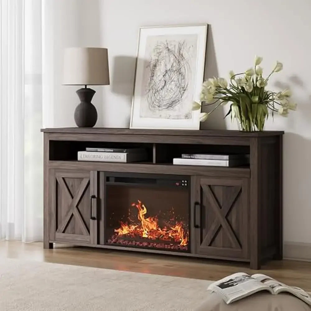 Wood Farmhouse Design Electric Fireplace Console, Holds TVs up to 65"