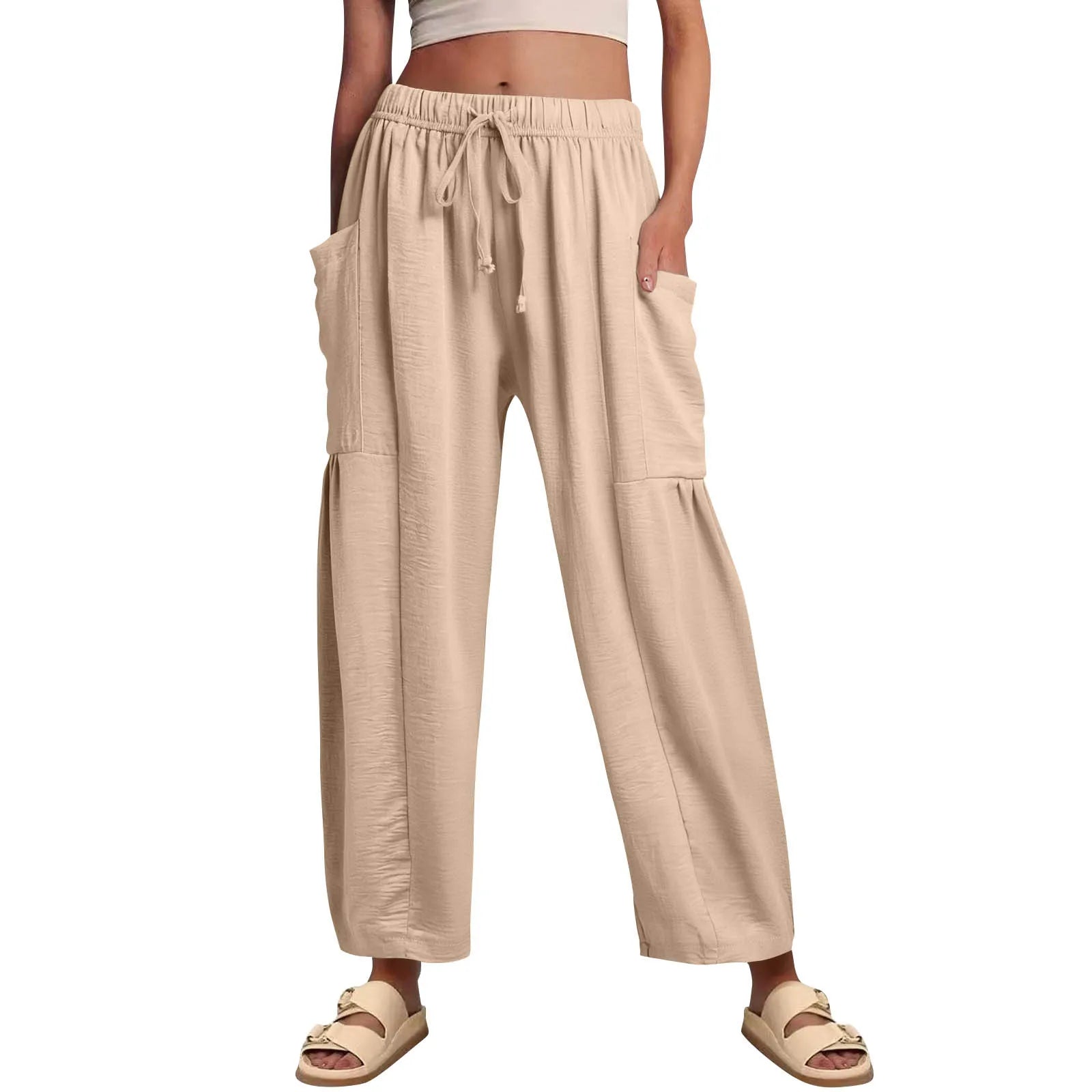 Women’s Plus Size Middle Waist Baggy Pants with Pockets – Korean Fashion