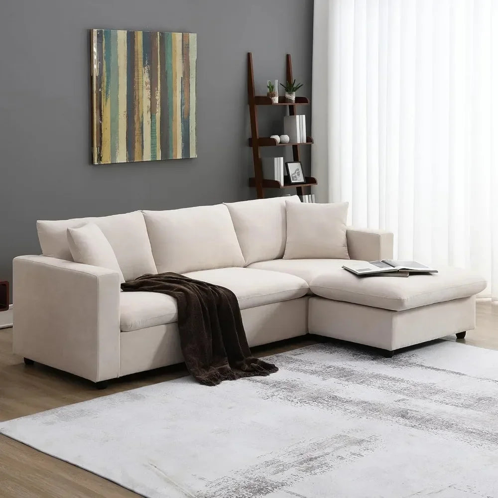 L Shaped 4 Seater Comfy Sofa with Convertible Ottoman, Polyester Fabric