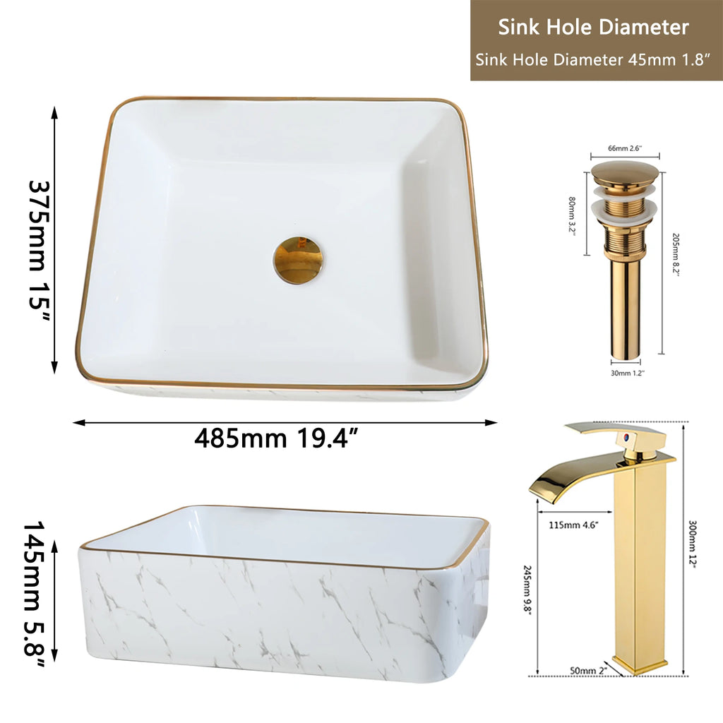19" Gold Faucet Marbled Ceramic Countertop Sink