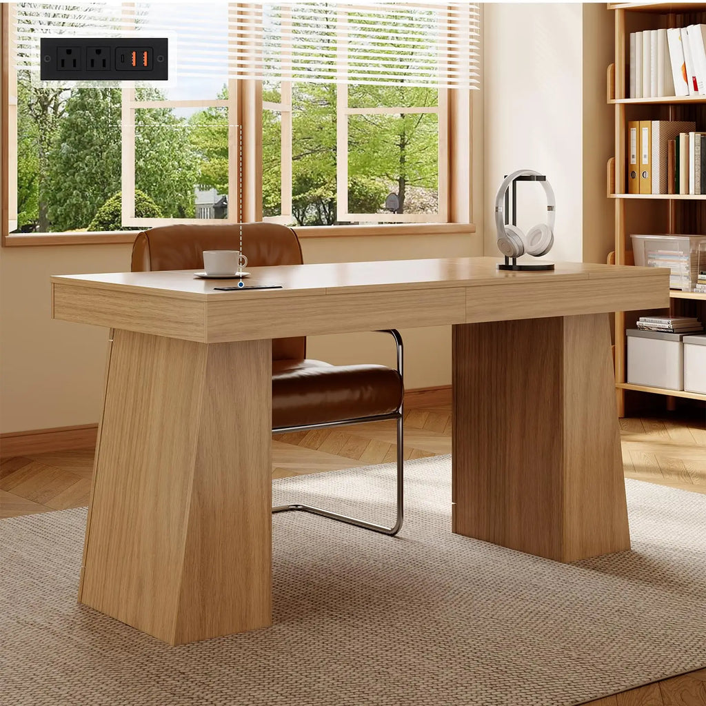 Executive Desk with Power Outlets & Hidden Cabinet