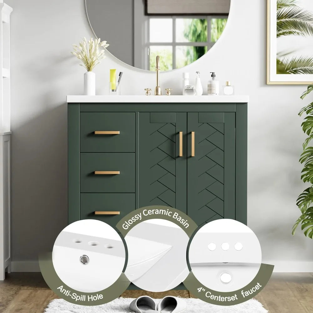 30" Bathroom Vanity with Ceramic Sink, Storage Cabinet, 4 Drawers, 2 Doors