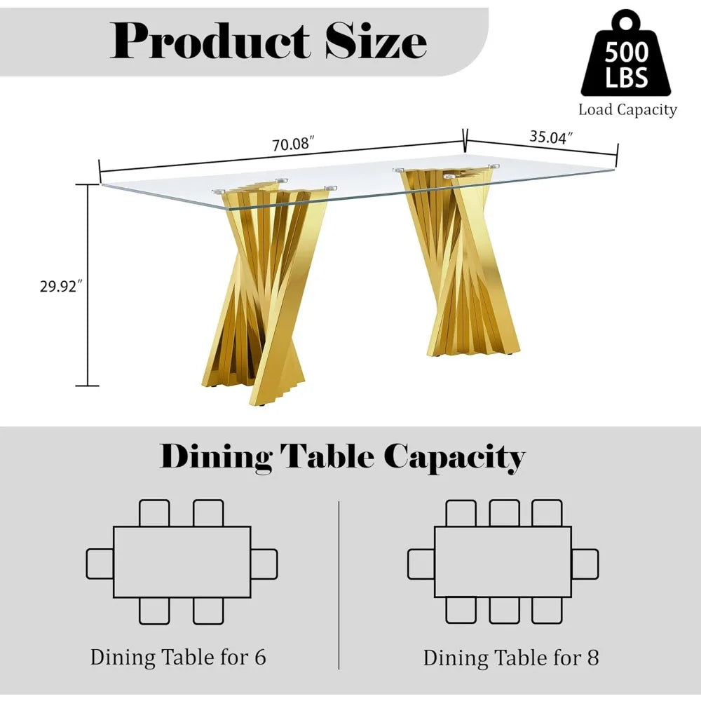 70" Modern Glass Gold Dining Table for 6-8