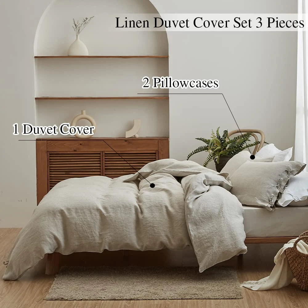 3 Pcs Bedding Set, 100% Linen with Bowknot Ties – French Queen/King