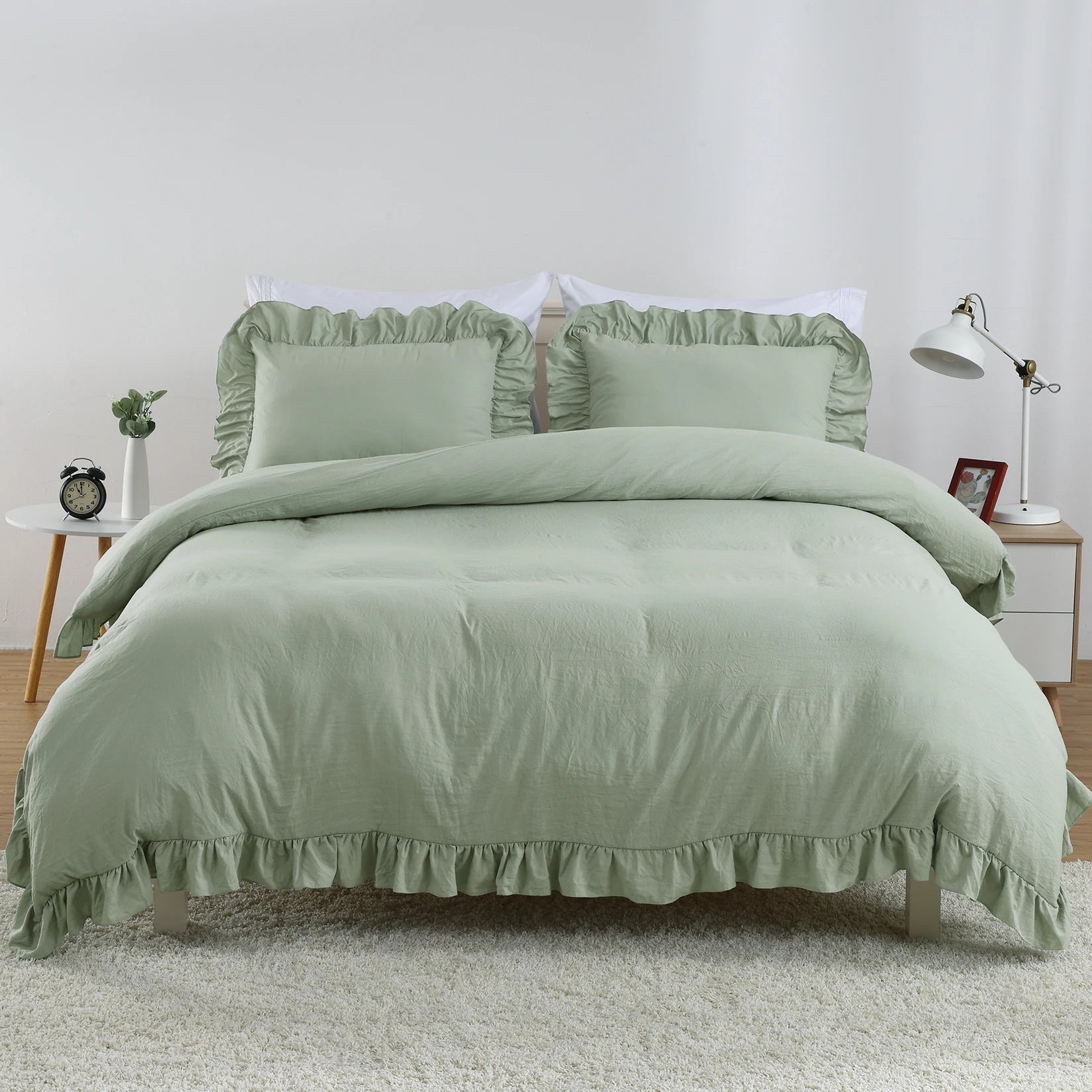 Lotus Leaf Edge Bedding Duvet Cover Set, Soft Washed Polyester, 1 Duvet Cover + 2 Pillowcases