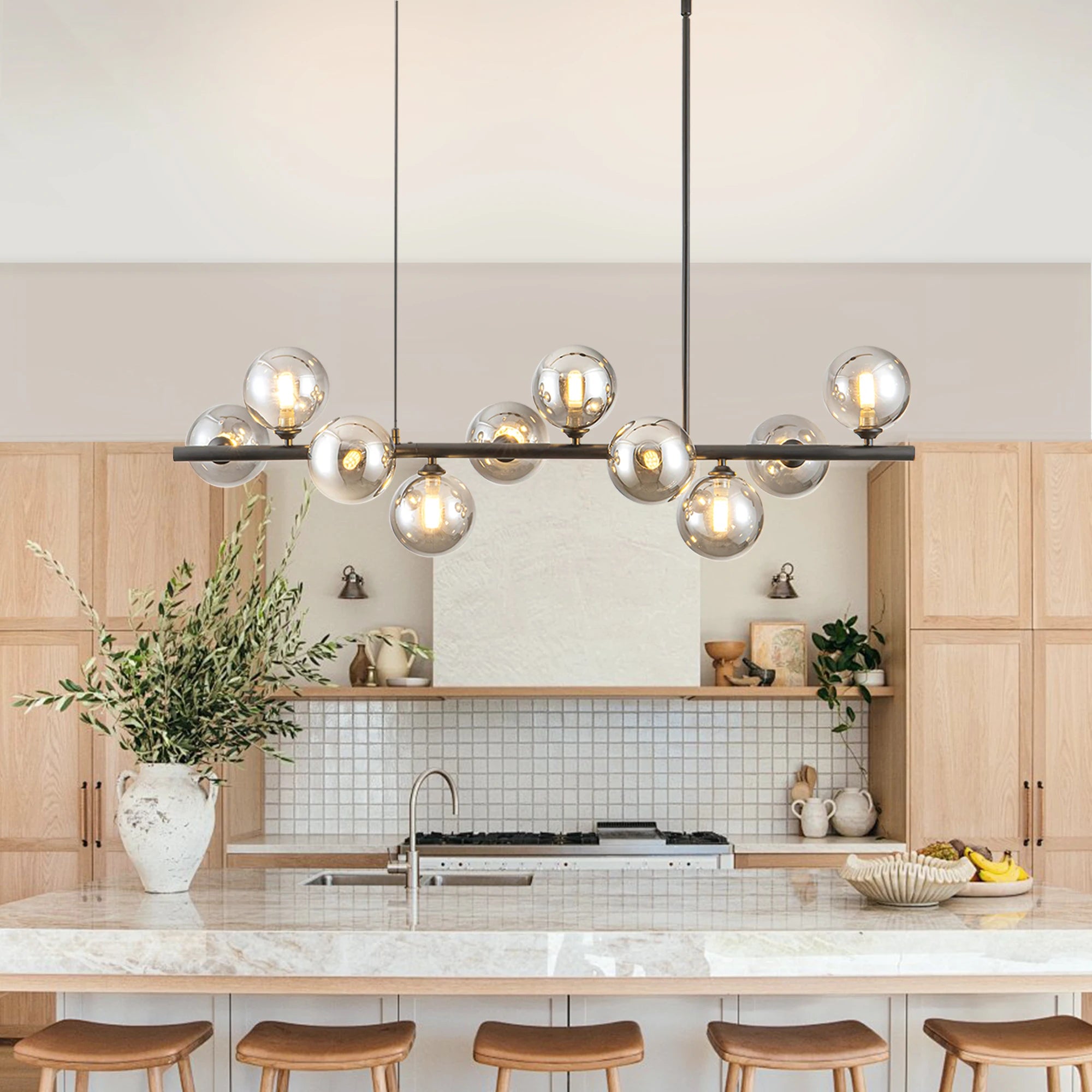 10-Light Matte Black Adjustable Chandelier with Smoked Glass Globe Shades