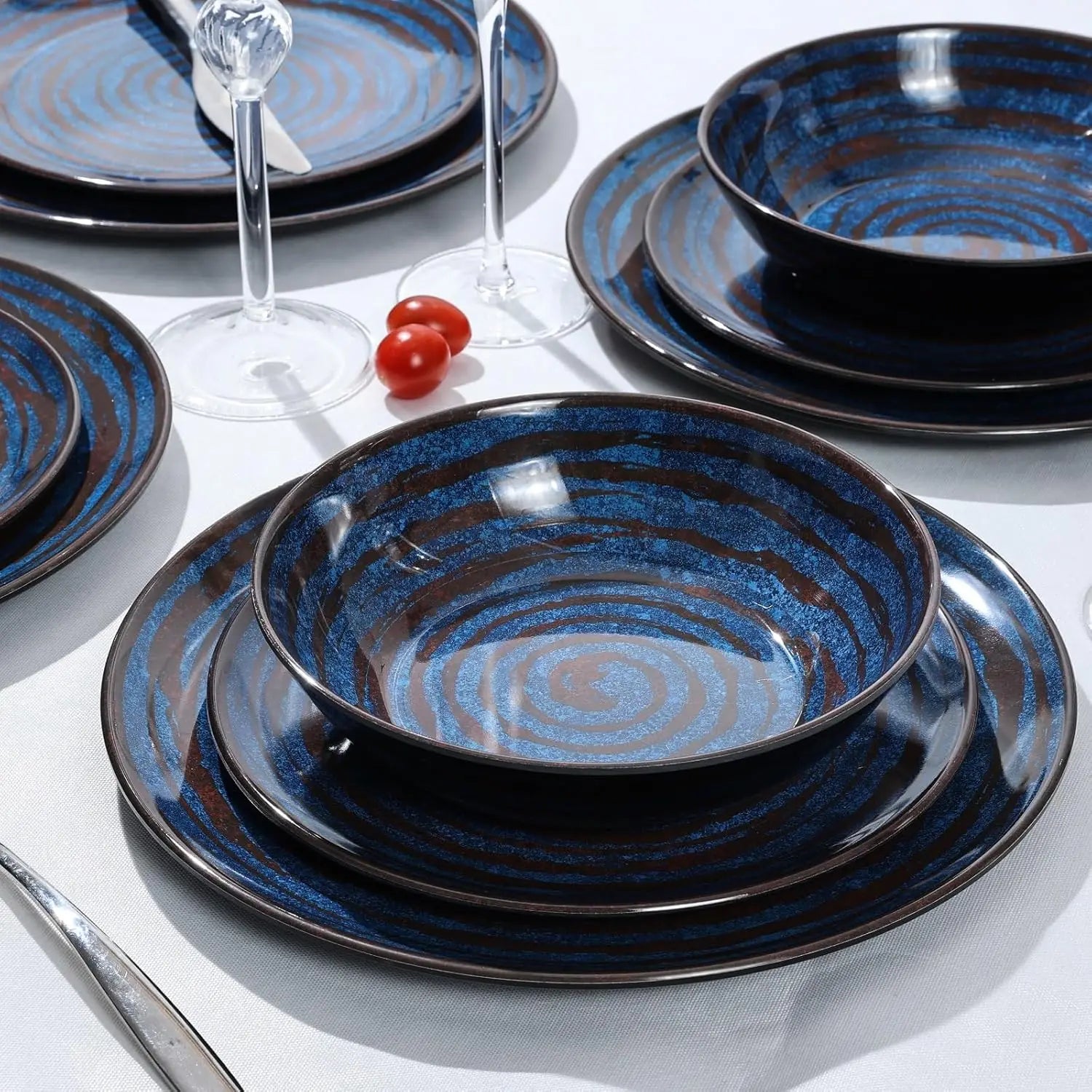 Melamine Dinnerware Set – 12-Piece Service for 4, Blue Threaded Design