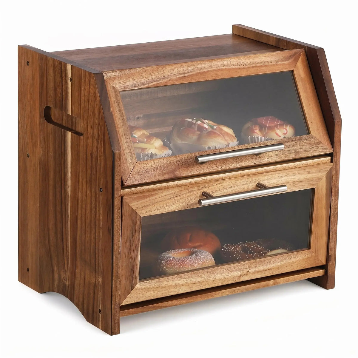 Acacia Wood Double-Layer Bread Box with Clear Acrylic Doors