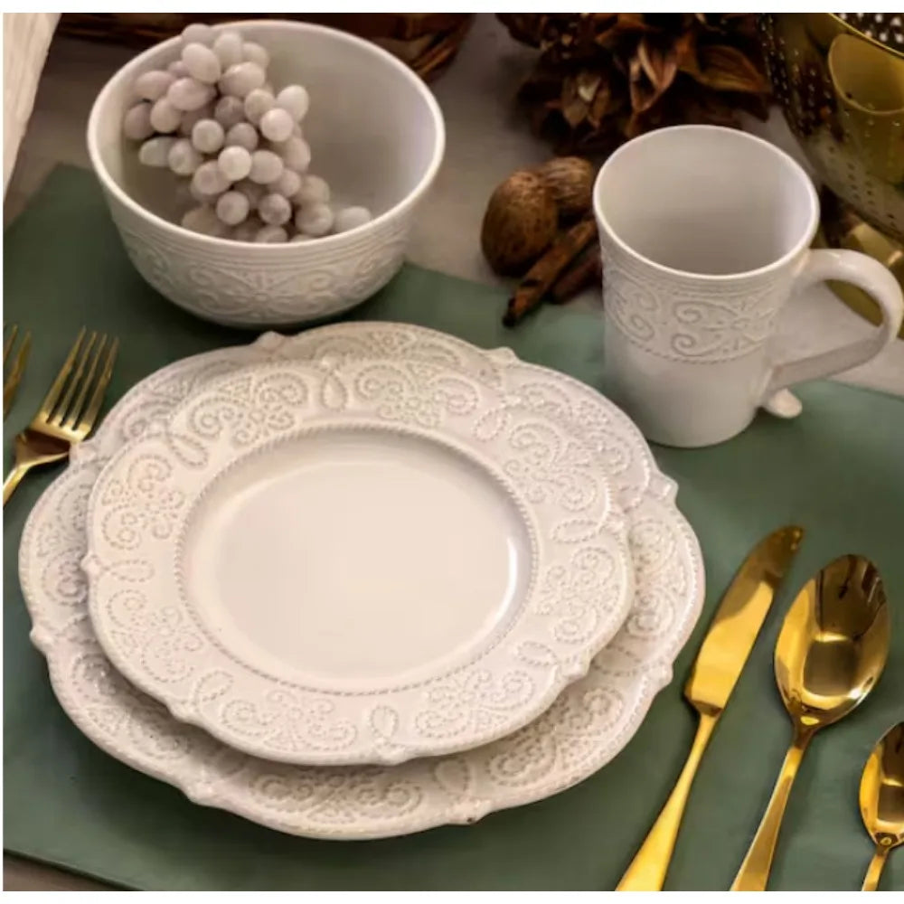16-Piece Luna Embossed Scalloped White Stoneware Dinnerware Set (Service for 4)