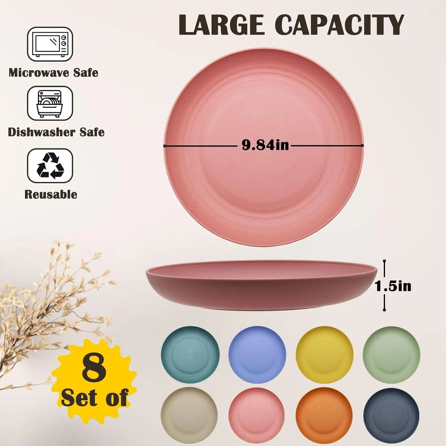 Deep Dinner Plates Set – 8pcs, 10-inch Unbreakable Wheat Straw Plates