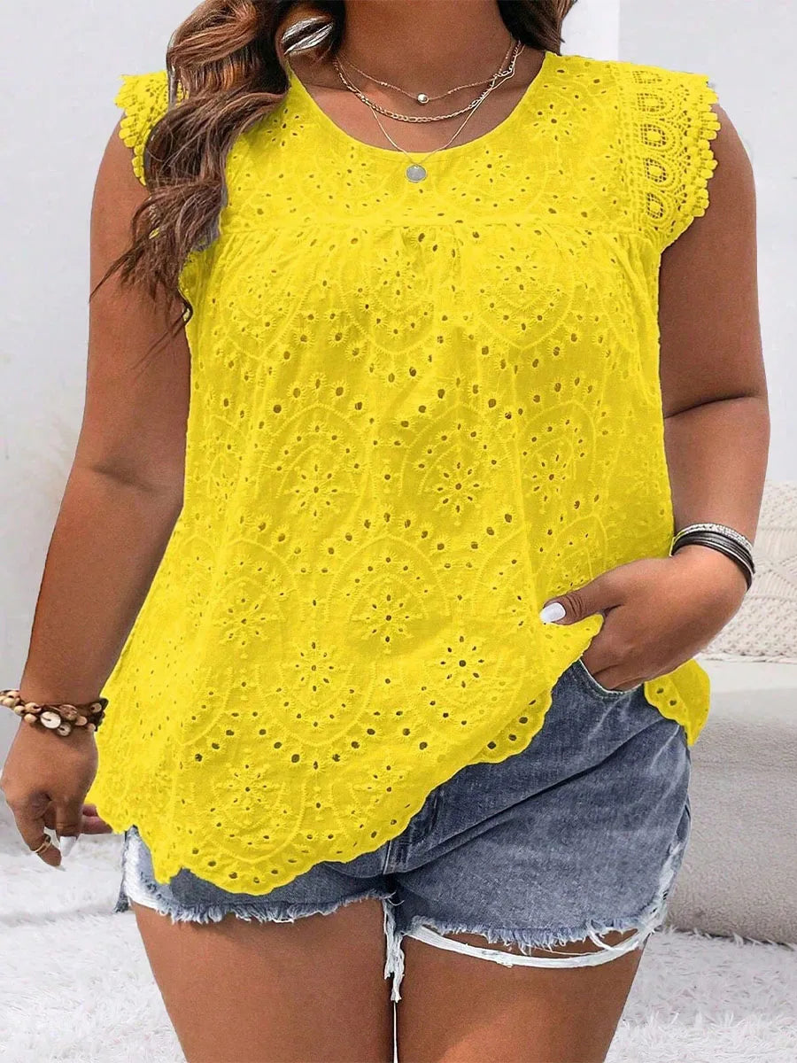 Casual Versatile Plus Size Sleeveless Round Neck Lace Shirt