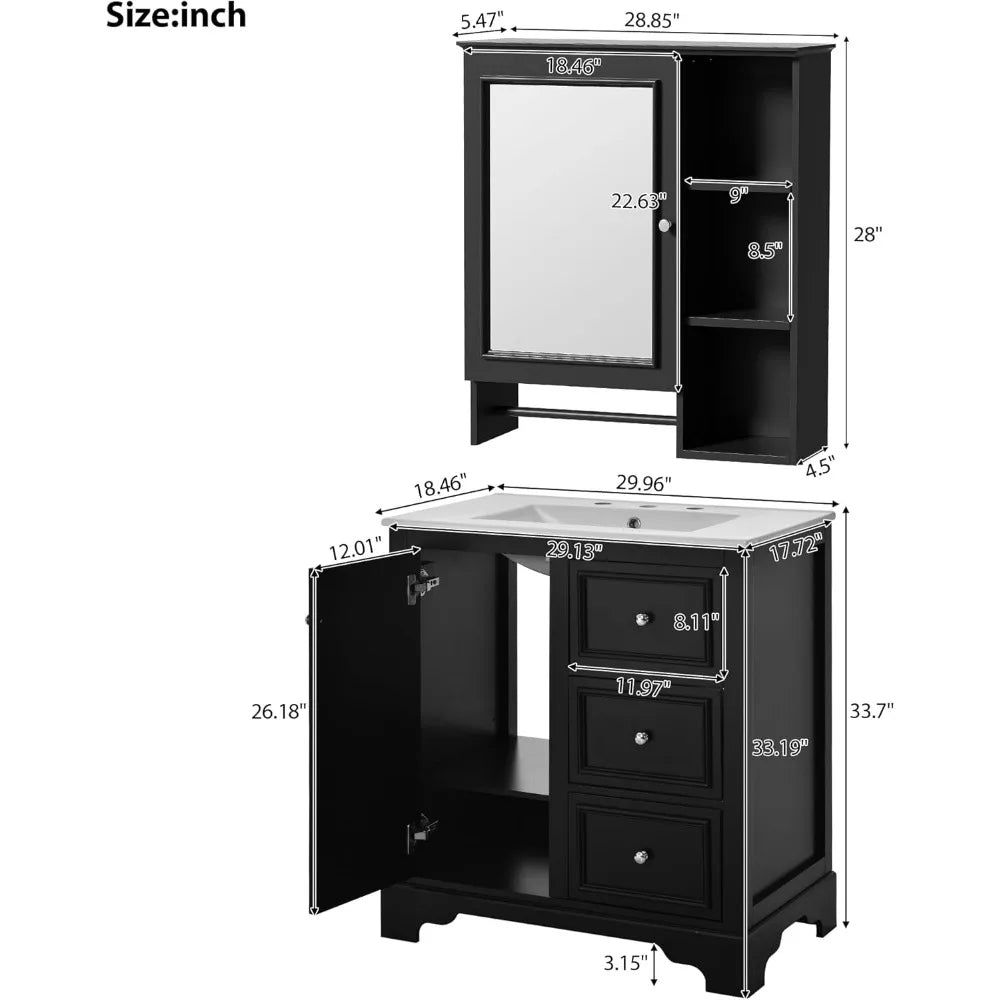 30-inch Elegant Bathroom Vanity with Sink, Storage Cabinet, 3 Drawers, Adjustable Shelves