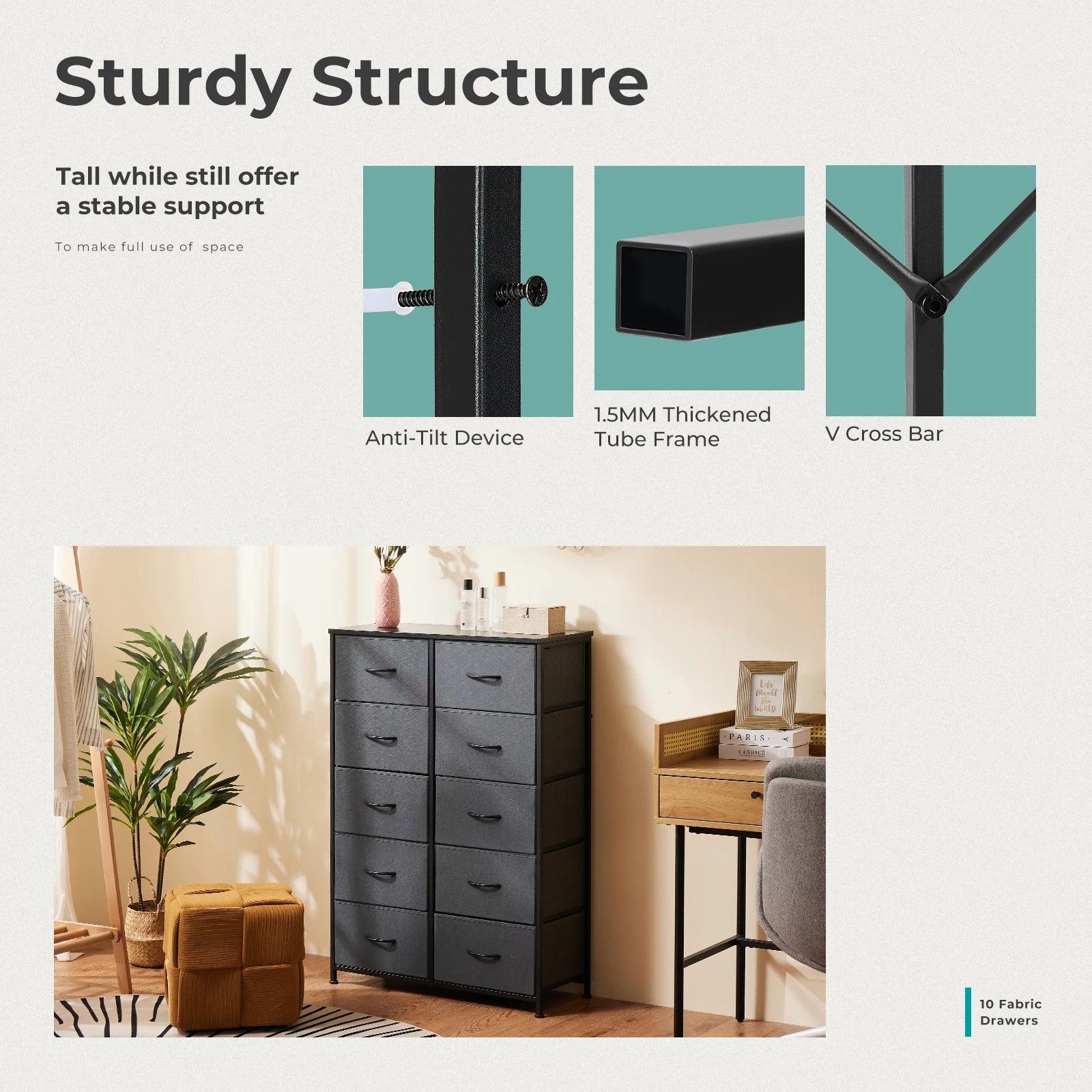 Bedside Table with 10 Fabric Drawers – Multi-Functional Nightstand & Storage Cabinet