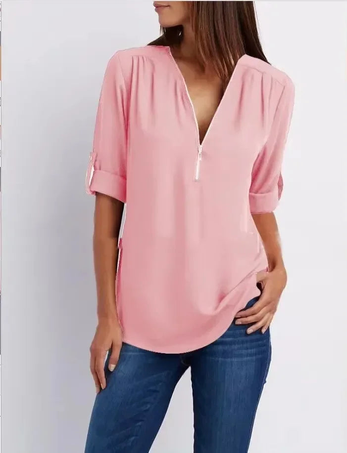 Women’s Loose Casual Deep V-Neck Chiffon Blouse – Zipper Pullover