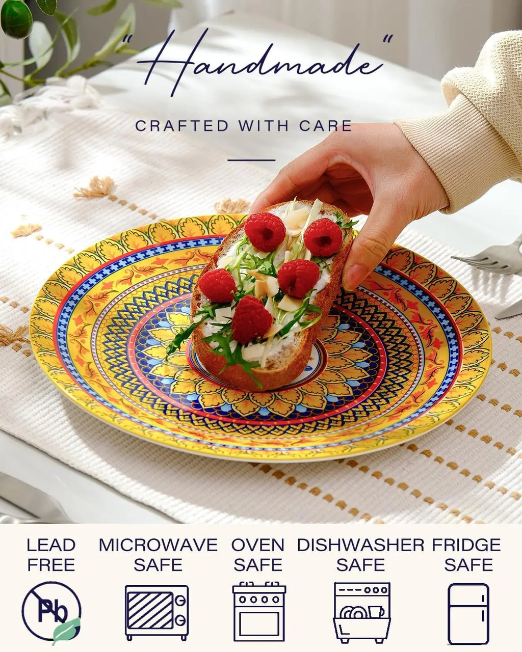 Dinner Plates Set of 6 – 10.5 Inch Ceramic Plates, Colorful Bohemian Style