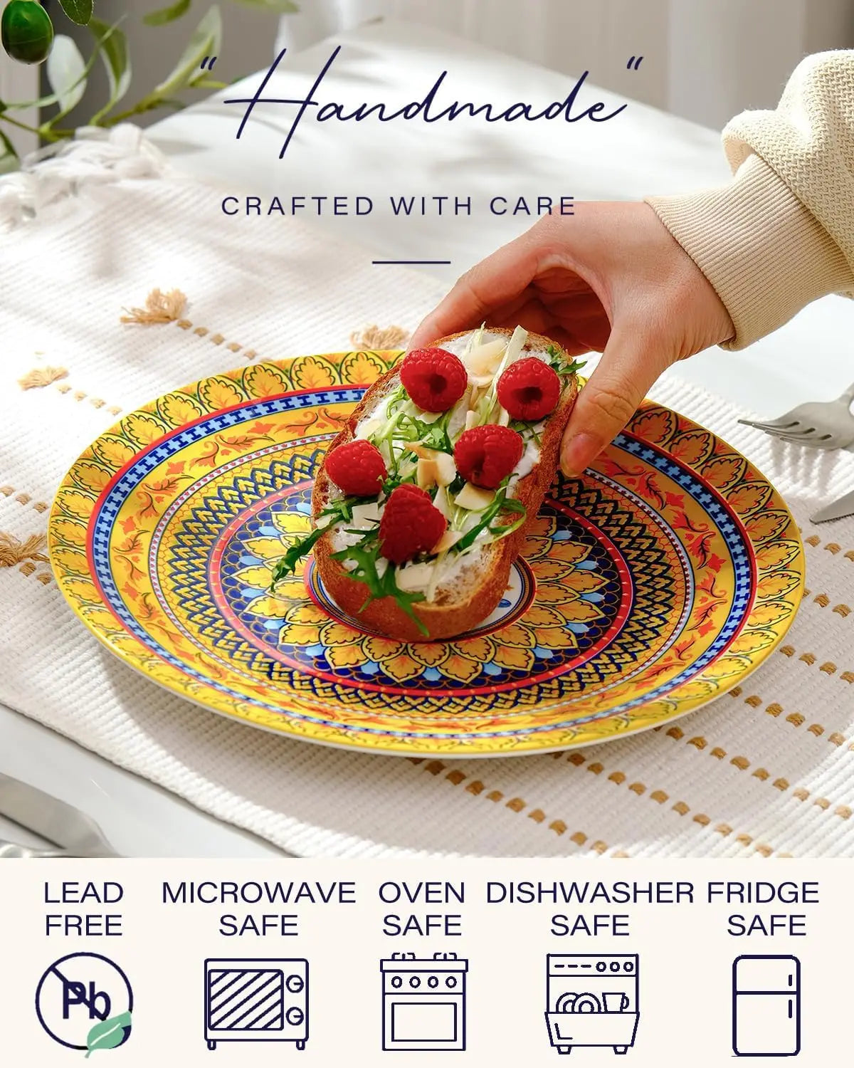 Dinner Plates Set of 6 – 10.5 Inch Ceramic Plates, Colorful Bohemian Style