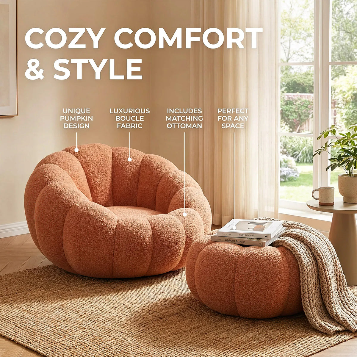 Pumpkin Shape Accent Chair with Footstool