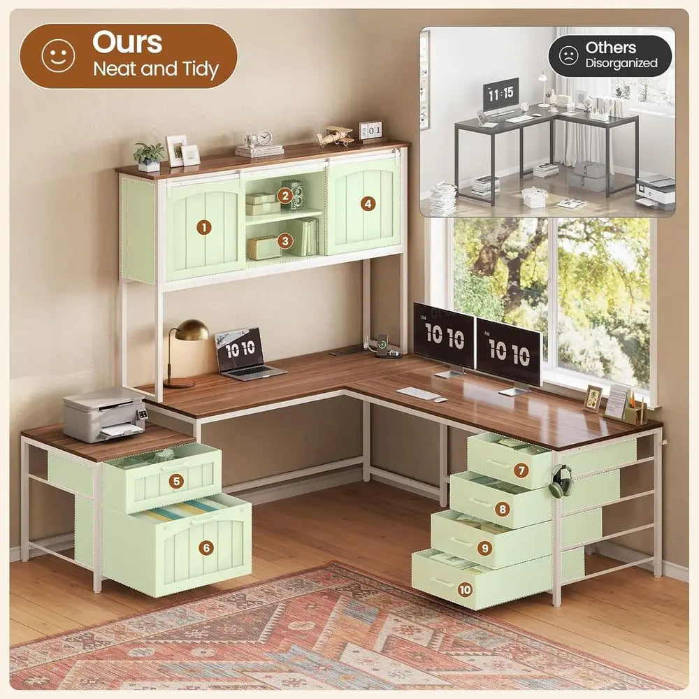 Farmhouse L-Shaped Office Desk with Hutch