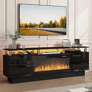 TV Stand with 36" Electric Fireplace, 70" LED Light Entertainment Center, Storage
