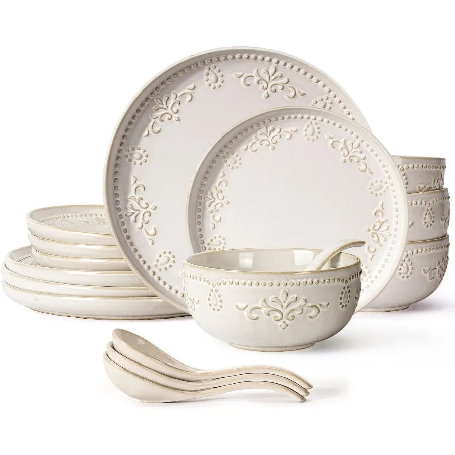 16-Piece Embossed White Ceramic Dinnerware Set – Service for 4