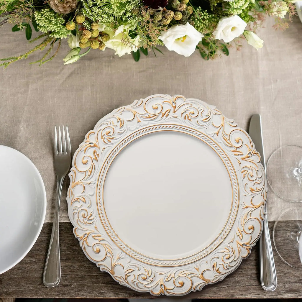 13" White Vintage Embossed Plastic Charger Plates - Set of 6
