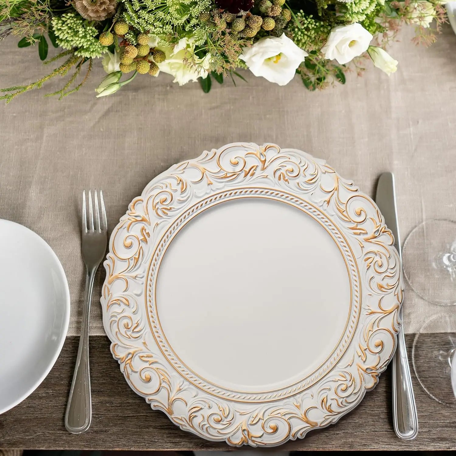 13" White Vintage Embossed Plastic Charger Plates - Set of 6