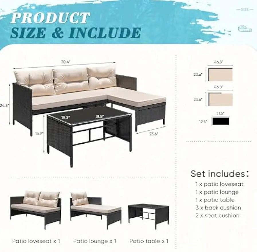 3-Piece Patio Furniture Set – Wicker Rattan Sectional Sofa with Cushions & Coffee Table, Light Beige
