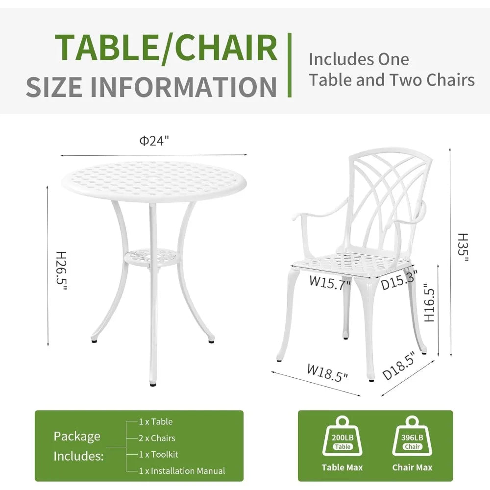 White Cast Aluminum Bistro Set – 3 Piece Outdoor Patio Table & Chairs