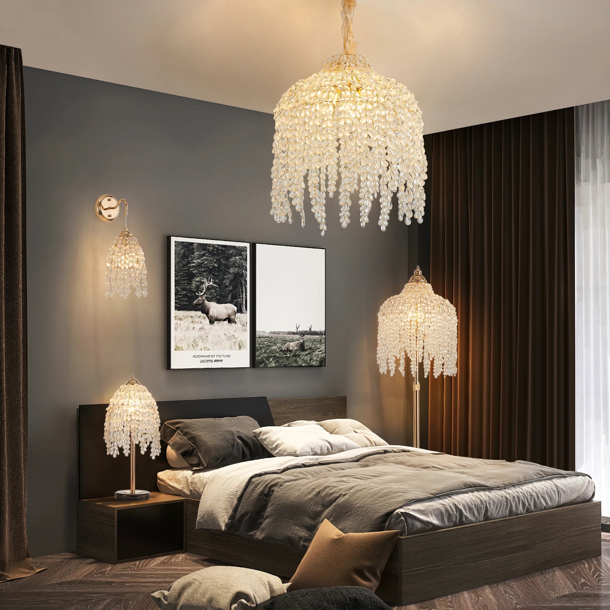 63” 3-Light Gold Crystal Floor Lamp with Grape-Shaped Beads and Marble Base