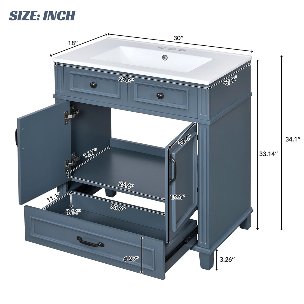 30" Solid Wood Bathroom Vanity with Ceramic Sink