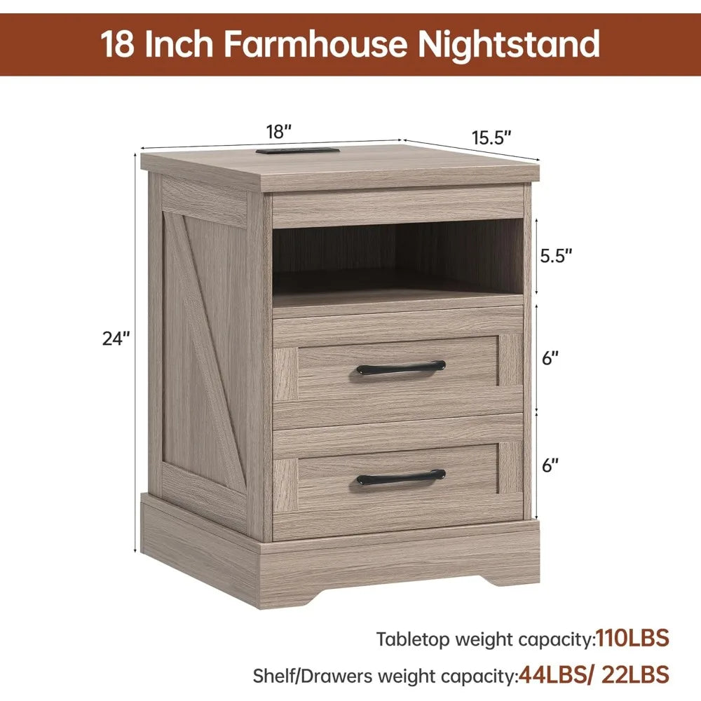 18'' Farmhouse Nightstand with LED Lights, Power Outlets & USB Ports