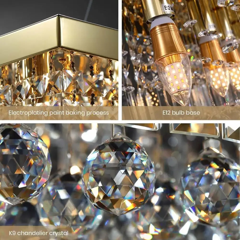 Modern Rectangular Crystal Chandelier – Gold Pendant Light Fixture with 8 Lights & Adjustable Chain