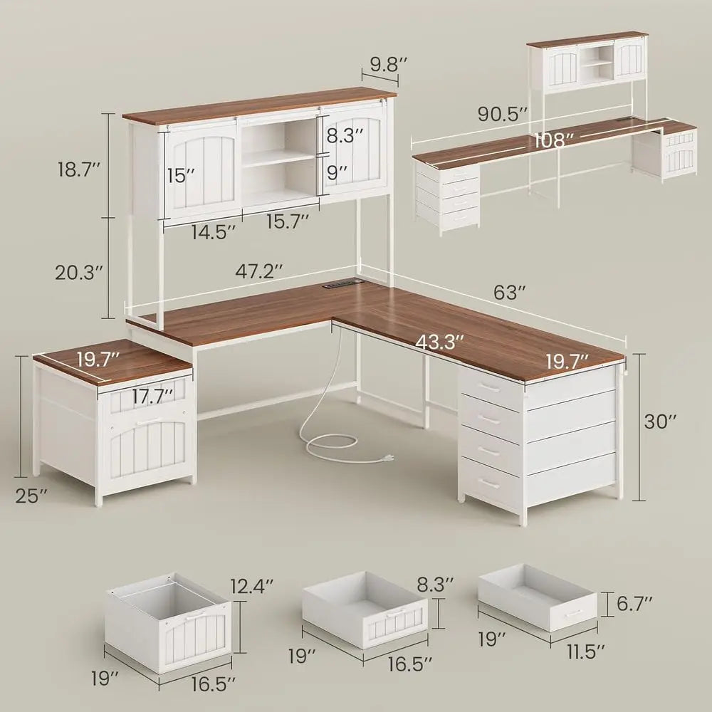 Farmhouse L-Shaped Office Desk with Hutch